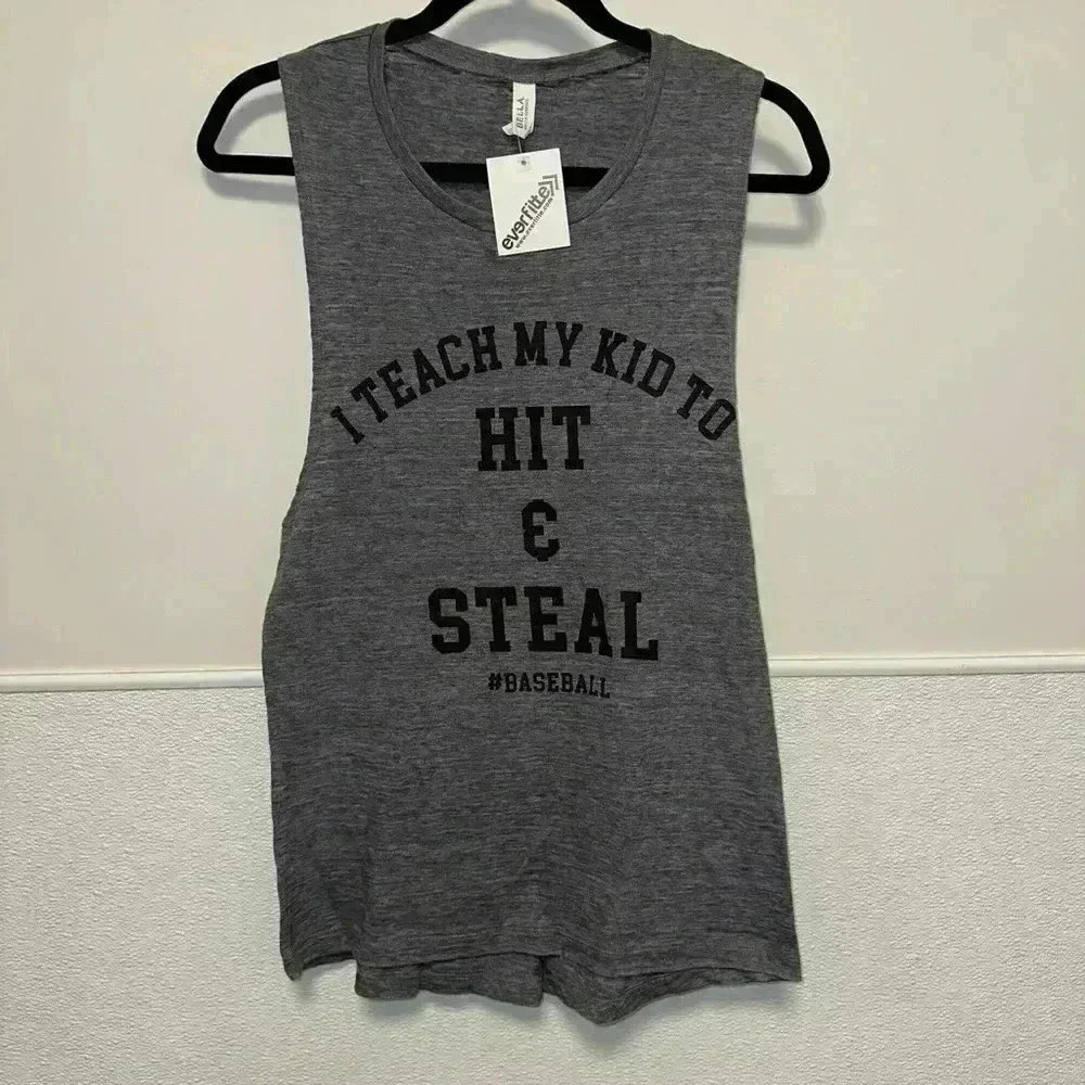 “NWT! “I teach my kid to hit & steal” #baseball Bella + Canvas Tank Top L Gray - Picture 9 of 9